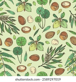Seamless pattern with perfumery and medical plants: argan nuts, gotu kola, neem, tea tree. Vector hand drawn illustration.