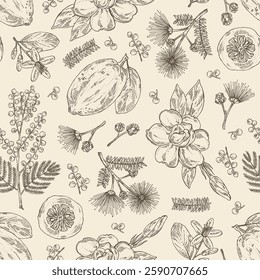 Seamless pattern with perfumery and medical plants: mimosa flowering branch, gardenia flowers, albizia lankaran, citron fruit. Vector hand drawn illustration.