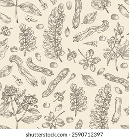 Seamless pattern with perfumery and medical plants: alangium chinense, mucuna pruriens, phyllanthus niruri, wikstroemia indica. Vector hand drawn illustration.