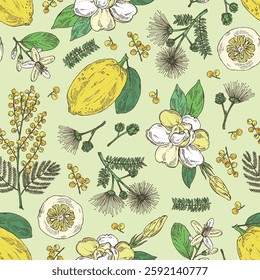Seamless pattern with perfumery and medical plants: mimosa flowering branch, gardenia flowers, albizia lankaran, citron fruit. Vector hand drawn illustration.