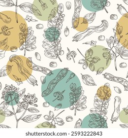 Seamless pattern with perfumery and medical plants: alangium chinense, mucuna pruriens, phyllanthus niruri, wikstroemia indica. Vector hand drawn illustration.