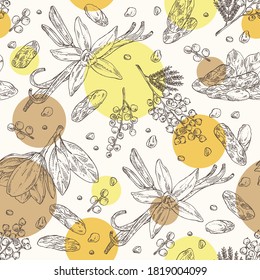 Seamless Pattern With Perfumery Plant: Magnolia Grandiflora Flower, Mimosa Flowers, Vanilla Pod And Flower And Tonka Beans Pod. Cosmetic, Perfumery And Medical Plant. Vector Hand Drawn