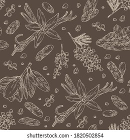 Seamless Pattern With Perfumery Plant: Magnolia Grandiflora Flower, Mimosa Flowers, Vanilla Pod And Flower And Tonka Beans Pod. Cosmetic, Perfumery And Medical Plant. Vector Hand Drawn