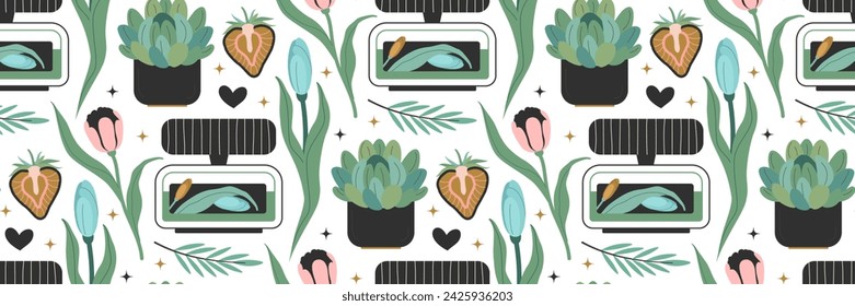 Seamless pattern with Perfumes and flowers. Hand natural Beauty icons Extract herbs aromatic therapy. Essential aroma, oil herbal. Vector illustration for backgrounds and packaging, shops, brands.
