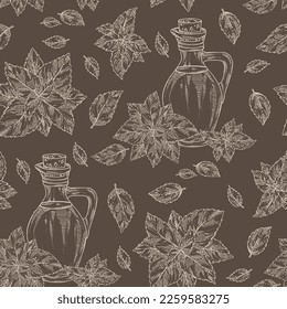 Seamless pattern with perilla: plant and perilla leaves and bottle of isatis oil. Vector hand drawn illustration