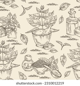 Seamless pattern with perilla: plant and perilla leaves. Oil, soap and bath salt . Cosmetics and medical plant. Vector hand drawn illustration