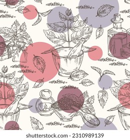 Patrón sin foco con perilla: hojas de plantas y perilla. Aceite, jabón y sal de baño. Cosméticos y plantas médicas. Ilustración dibujada a mano por el vector