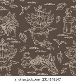 Seamless pattern with perilla: plant and perilla leaves. Oil, soap and bath salt . Cosmetics and medical plant. Vector hand drawn illustration