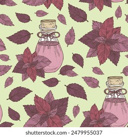 Patrón sin costuras con perilla: planta, hojas de perilla y botella de aceite esencial de perilla. Cosmética, perfumería y planta médica