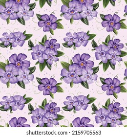 Seamless pattern with Periwinkle or barvinok flowers and leaves on light background