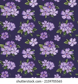 Seamless pattern with Periwinkle or barvinok flowers and leaves on dark background
