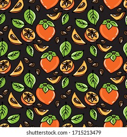 Seamless pattern with persimmon fruits in black background. Hand drawn style. Vector illustration. Design element for fabric, banner, wallpaper, wrapping paper.