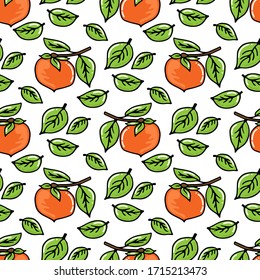 Seamless pattern with persimmon fruits. Hand drawn style. Vector illustration. Design element for fabric, banner, wallpaper, wrapping paper.