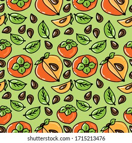 Patrón sin problemas con frutas persimmon sobre fondo verde. Estilo dibujado a mano. Ilustración vectorial. Elemento de diseño para tela, banner, papel pintado, papel envuelto.