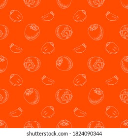 Seamless pattern of persimmon fruits, whole and sliced, white outline design on an orange background. Bright, juicy vector for natural or food illustration, fabric, wrapping, paper dishes prints.