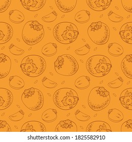 Nahtlose Muster von Persimmonobst, ganz und in Scheiben geschnitten, umrissener Vintage-Stil auf orangefarbenem Hintergrund. Vektorgrafik für Lebensmitteldesign, Stoff, Umhüllung, Tapete, Papierschüsseln, Drucke.