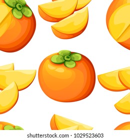 Seamless pattern of persimmon with leaves whole and slices of persimmons. Vector illustration for decorative poster, emblem natural product, farmers market. Website page and mobile app.