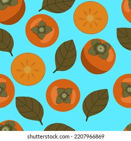 Seamless pattern with persimmon on a blue background. Vector pattern with persimmon.