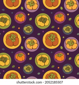 Seamless pattern with persimmon on a dark background. Illustration for restaurant menu, cosmetics, health care products, wrapping paper, post cards, prints for clothes.Vector illustration.