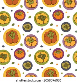 Seamless pattern with persimmon on a dark background. Illustration for restaurant menu, cosmetics, health care products, wrapping paper, post cards, prints for clothes.Vector illustration.