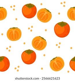 Seamless pattern of Persimmons exotic tropical whole and halved fruit. Ripe fresh natural nutrition, simple cartoon style design. Vector illustration on white background