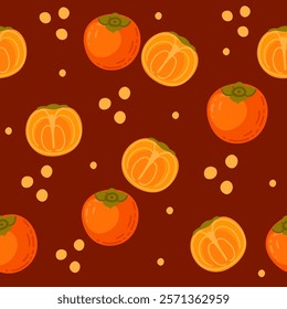 Seamless pattern of Persimmons exotic tropical whole and halved fruit. Ripe fresh natural nutrition, simple cartoon style design. Vector illustration on orange background