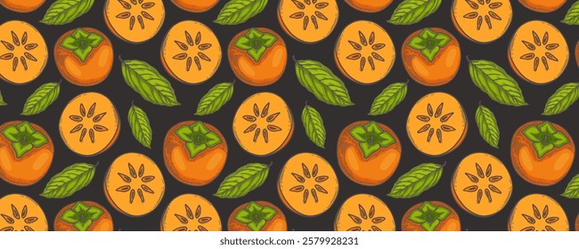 Seamless pattern with persimmons, half persimmon for wrapping, background in flat style on black background