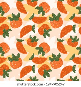 Seamless pattern persimmons on yellow background. Beautiful hand drawn fruits for design fabric. Abstract template of fruit orange colors. Colorful persimmon vector illustration.