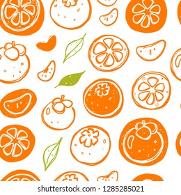 Seamless pattern with persimmons. Whole, half, sliced, bitten. Hand drawn vector illustration  for wrapping paper, decorative fabric, print, wallpaper, shop, menu, market, cafe, restaurant.