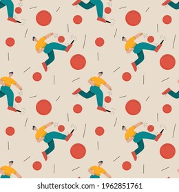 Seamless pattern of person playing ball on a neutral background. Trendy boy with basketball, soccer ball. Vector illustration in flat linear style.