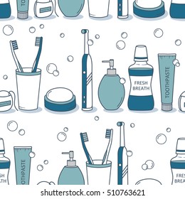 Seamless pattern with personal care products. Blue and white background with set of beauty products and washrooms accessories, cosmetics. Decorative wallpaper, good for printing