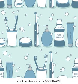 Seamless pattern with personal care products. Blue and white background with set of beauty products and washrooms accessories, cosmetics. Decorative wallpaper, good for printing