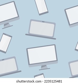 Seamless pattern with personal computer, laptop and smartphone. Vector illustration for cards, posters, flyers, webs.