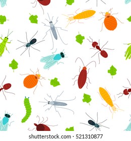 Seamless pattern of pest insects and damaged leaves on white background. Parasitic beetle concept. Perfect for exterminator service companies. Vector illustration. 

