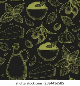 Seamless pattern with pesto sauce elements, basil leaves, garlic, parmesan cheese, olive oil in hand-drawn sketch style. Black and white vector illustration
