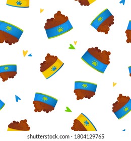 Seamless pattern with pet bowl in cartoon style. Food plate for domestic animals. Vector background.