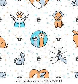 Seamless pattern with pet care symbols, cute cats and dogs, minimalistic design. Animal shelter, veterinary care. Texture for wallpapers, web page backgrounds, vector illustration