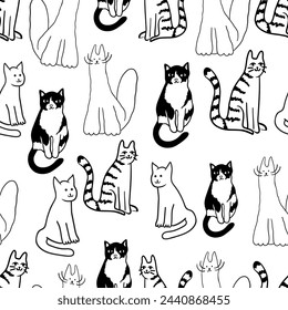 seamless pattern with pet cat character in vector. on animal topic in doodle style. Template for wallpaper background wrapping postcard print