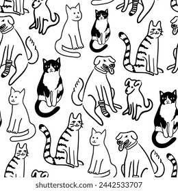 seamless pattern with pet cats and dogs character in vector. on animal topic in doodle style. Template for wallpaper background wrapping postcard print