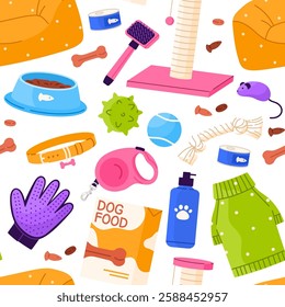 Seamless pattern of pet equipment, accessories. Dogs and cats shop goods for care, feeding, grooming and leisure. Flat vector illustration in cartoon style. Isolated white background
