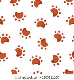 Seamless pattern pet paws prints in cartoon style. Dirty aimals paws prints. Vector background template.