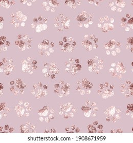 Seamless pattern pet prints. Paw patterns with foil effect. Cute pink marble background. Pastel color. Repeated delicate texture. Soft glitter. Repeating elegant abstract design pets dog, cat. Vector 