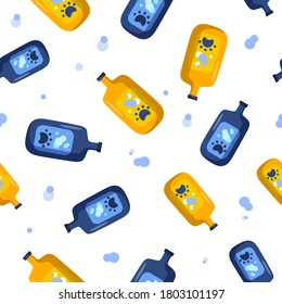 Seamless pattern with pet shampoo bottles in cartoon style. Soap for fur care grooming. Vector background.