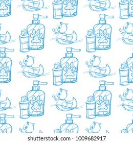 Seamless pattern with pet shampoo and rubber duck.