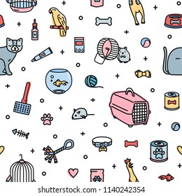 Seamless pattern with pet shop goods and cute domestic animals on white background. Colorful vector illustration in modern line art style for textile print, wrapping paper, wallpaper, backdrop