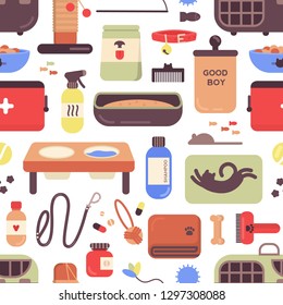 Seamless pattern with pet shop goods for cats and dogs on white background. Backdrop with items for domestic animals care, treatment, grooming, entertainment, feeding. Flat vector illustration.