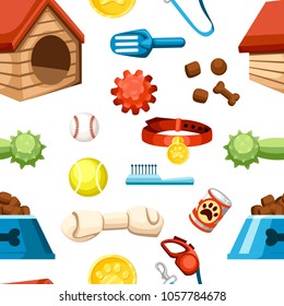 Seamless pattern of pet shop icons. Accessories for dogs. Flat vector illustration. Feed, toys, balls, collar. Products for the pet shop. Vector illustration on white background.