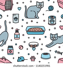 Seamless pattern with pet shop products for cats home keeping on white background. Colorful vector illustration in modern line art style for textile print, wrapping paper, wallpaper, backdrop.
