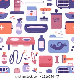 Seamless pattern with pet shop or store products or goods for cats and dogs on white background. Backdrop with items for domestic animals care. Flat vector illustration for textile print, wallpaper.