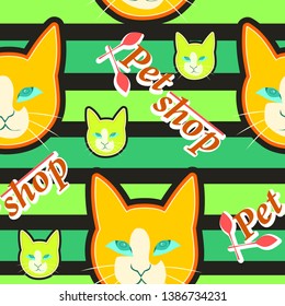 seamless pattern pet shop vector with funny cat on black background